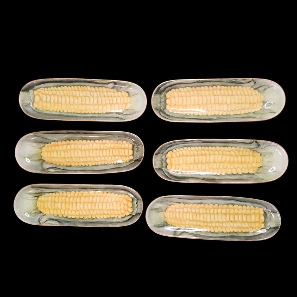 Set of 6 Austrian Hand-Painted Corn-on-the-Cob Porcelain Dishes Signed M. Gould
